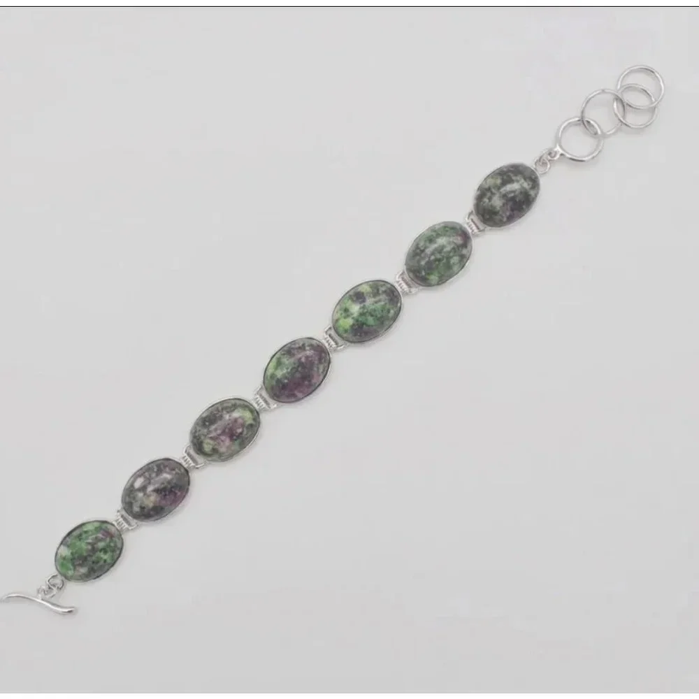 Women's Pink Green‎ Zoisite Gemstone Sterling Silver Bracelet Adjustable
